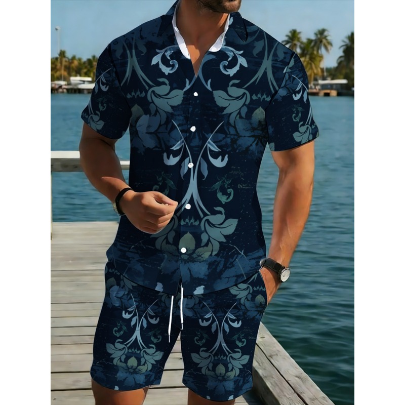 Printed Floral Shirt - ชุดเสื้อเชิ้ตแขนสั้นและกางเกงขาสั้นลายดอกไม้สีน้ำเงินกรมท่าสำหรับผู้ชาย น้ำหนักเบา ระบายอากาศได้ดี เหมาะสำหรับชายหาด วันพักผ่อนสบายๆ และกิจกรรมกลางแจ้ง