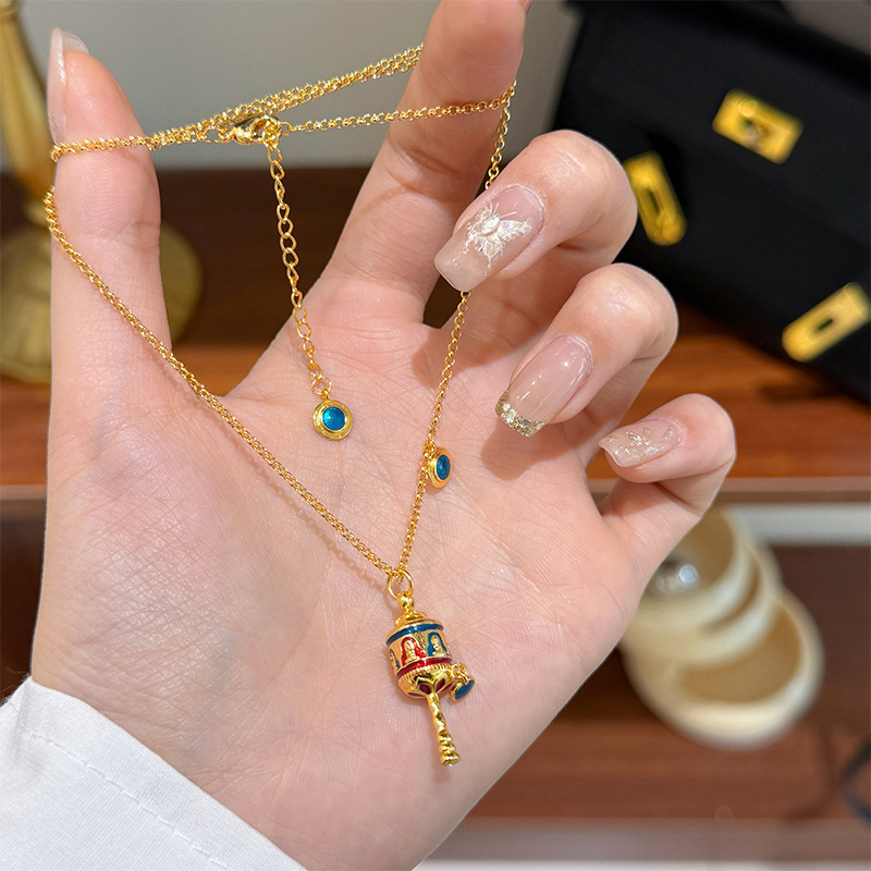 Vintage Fashion Tiktok - สร้อยคอแบบวงล้อหมุนพร้อมจี้รูปหยดน้ำหลากสีสไตล์จีนใหม่จาก TikTok พร้อมเสน่ห์เฉพาะตัว