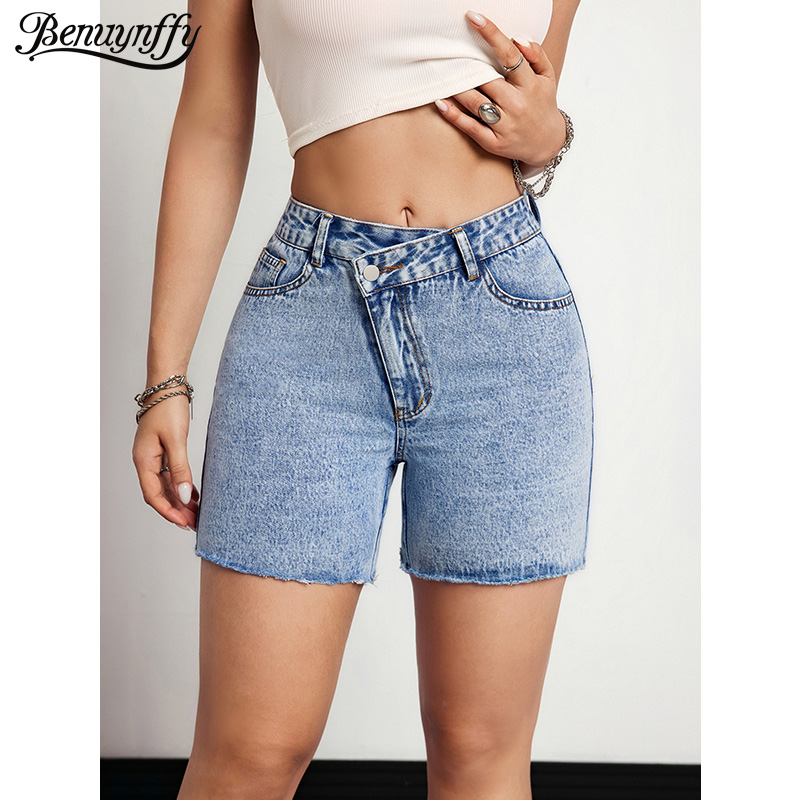 Vintage Fashion Jeans - กางเกงยีนส์ขาสั้นเอวไม่สมมาตรทรงเข้ารูป รุ่นใหม่ปี 2026 สำหรับผู้หญิง สไตล์เรโทร แฟชั่นฤดูร้อน