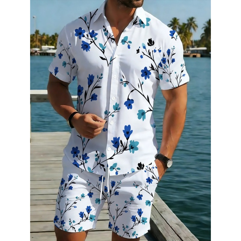 Printed Floral Shirt - ชุดเสื้อเชิ้ตแขนสั้นลายดอกไม้และกางเกงขาสั้นสำหรับผู้ชาย สไตล์ลำลองสำหรับกิจกรรมกลางแจ้งและวันหยุดฤดูร้อน