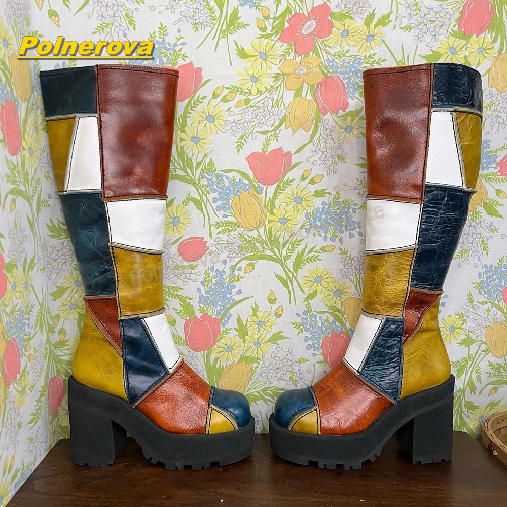 Vintage Fashion Y2K - รองเท้าบูทหนังทรงสูงถึงเข่าสไตล์เรโทรสำหรับผู้หญิง ตกแต่งด้วยผ้าปะติดหลากสี พื้นหนา ส้นหนา สไตล์วินเทจ Y2K