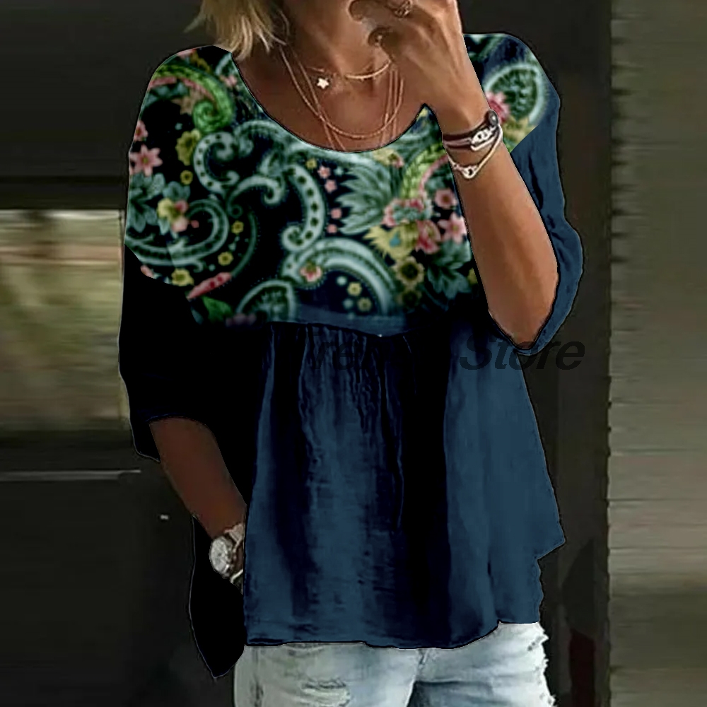 Printed Floral Shirt - เสื้อเชิ้ตแขน 3/4 พิมพ์ลายดอกไม้ลำลองสำหรับผู้หญิง เสื้อทูนิคคอกลมทรงหลวม เสื้อเชิ้ตผู้หญิง