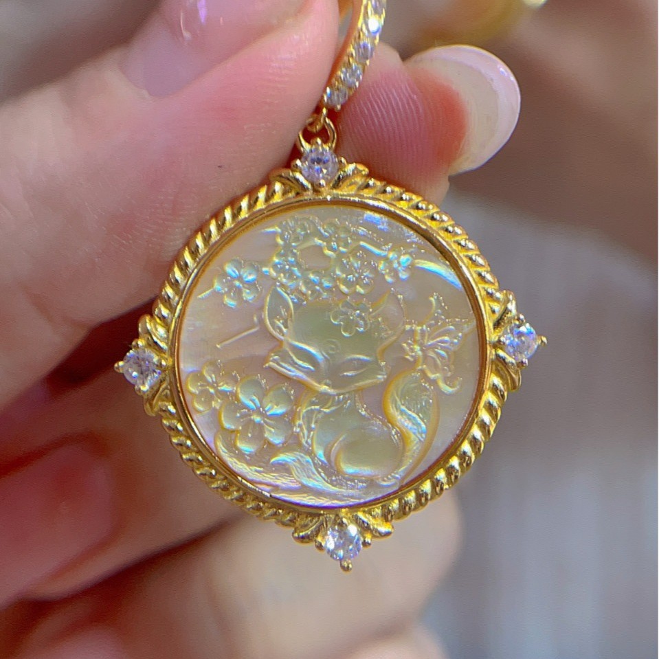 Vintage Fashion Center - 925 เงินสเตอร์ลิงฝังเปลือกแกะสลัก Cameo Cherry Blossom Fox