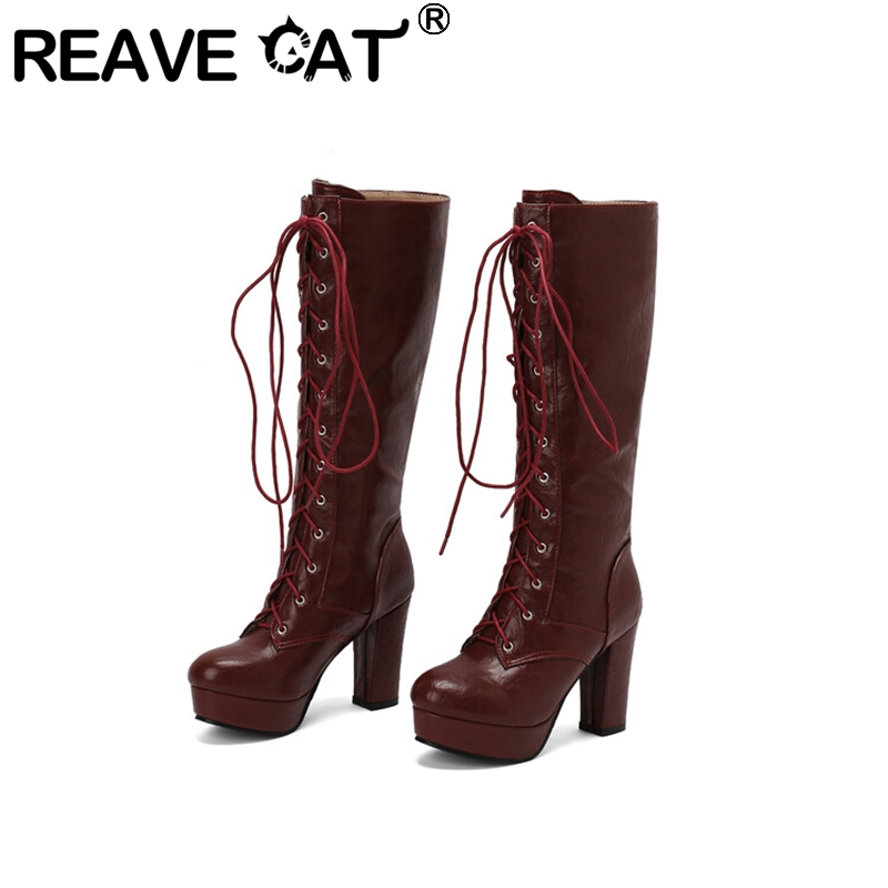 Vintage And Modern Fashion - Reave รองเท้าบูตยาวถึงเข่าสำหรับผู้หญิงแนววินเทจรองเท้าหัวกลมส้นตึกขนาด10ซม. 3ซม. สายรัดคอร์สไซส์48 49แฟชั่นประจำวัน