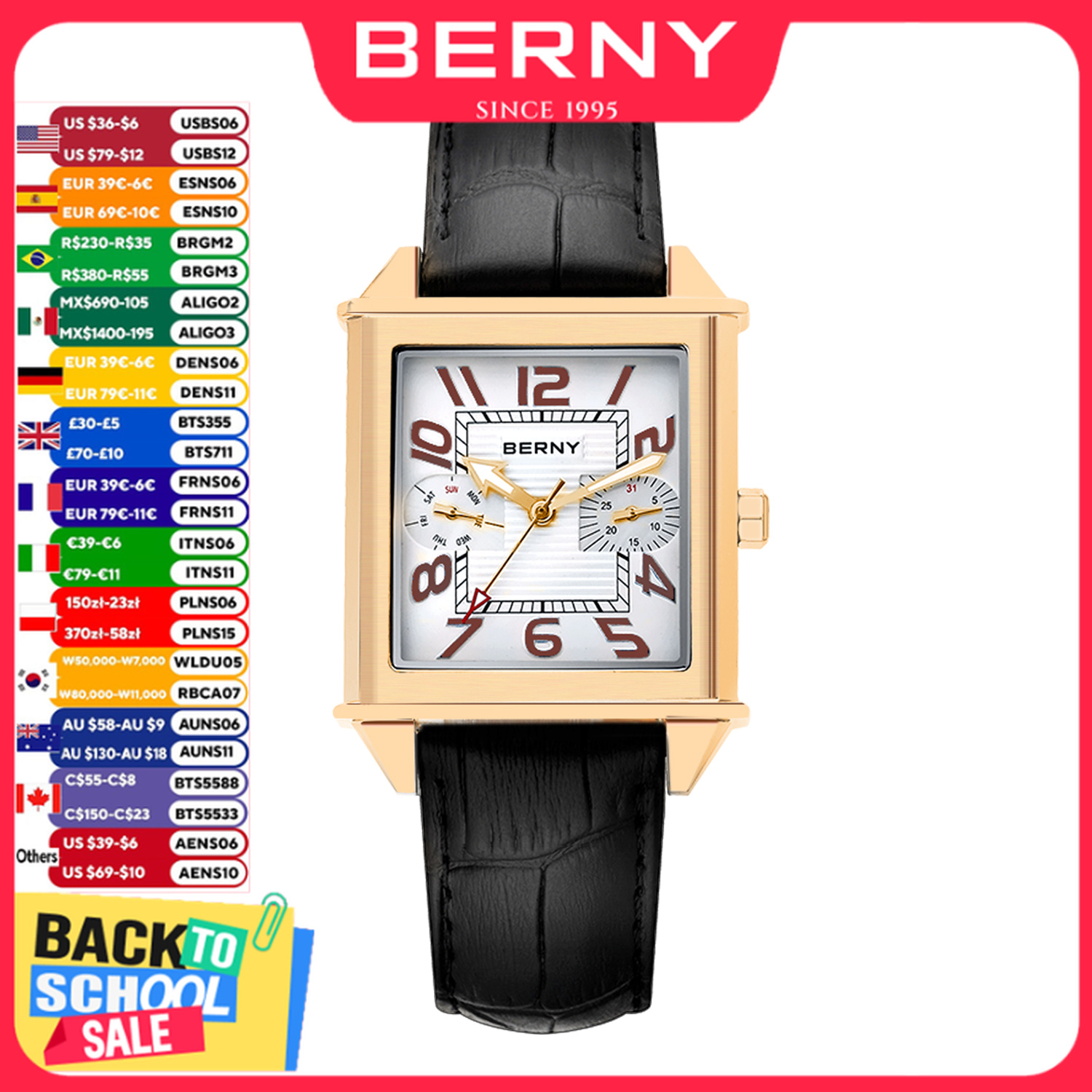 Vintage Fashion Complete - BERNY 6P25 นาฬิกาควอตซ์สำหรับผู้ชายโกลเด้น นิว สแควร์นาฬิกาข้อมือวินเทจเดย์ ท็อป