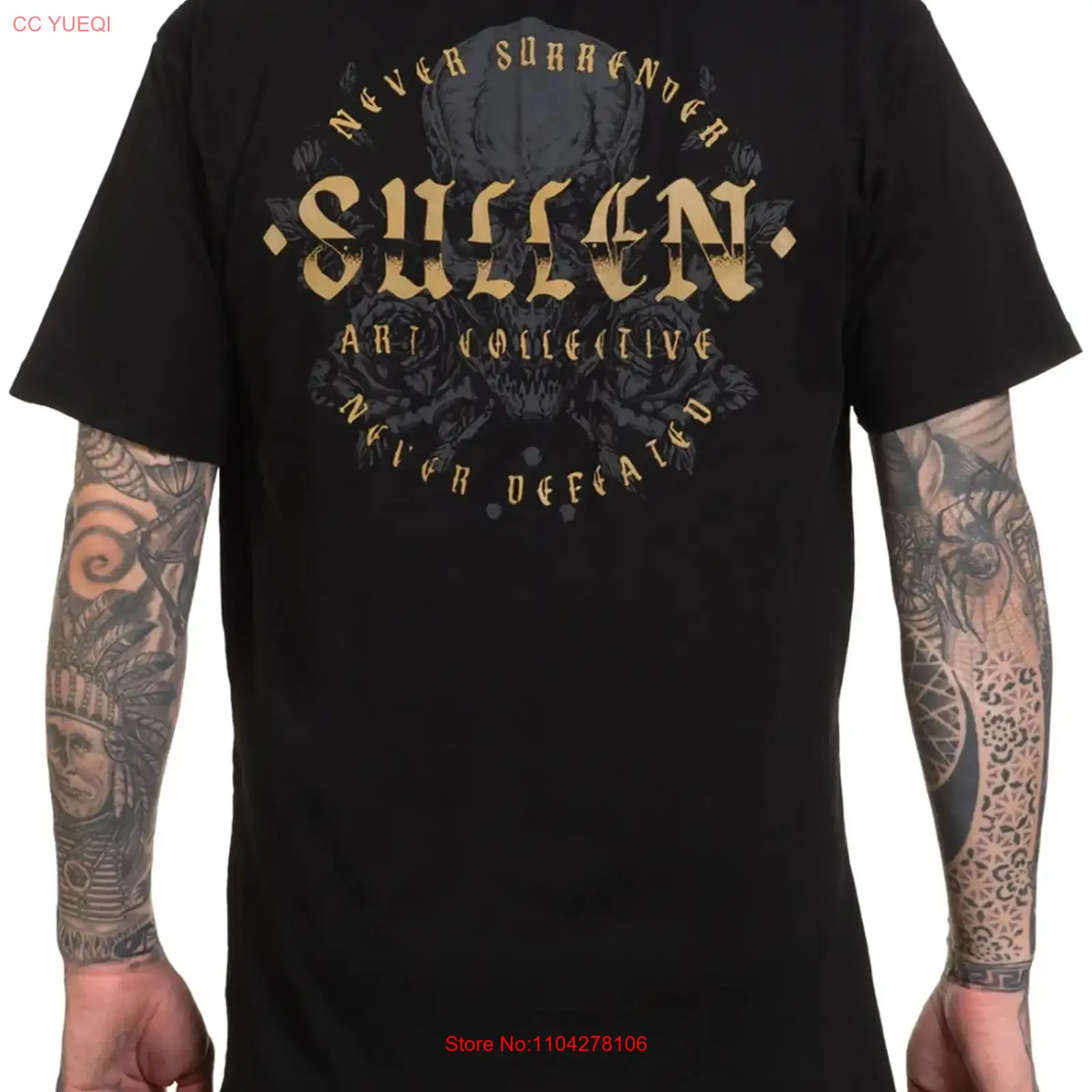 Vintage Fashion Logo - เสื้อยืดพรีเมียม Sullen Men's Never Defeated ลายสักโลโก้สไตล์วินเทจ