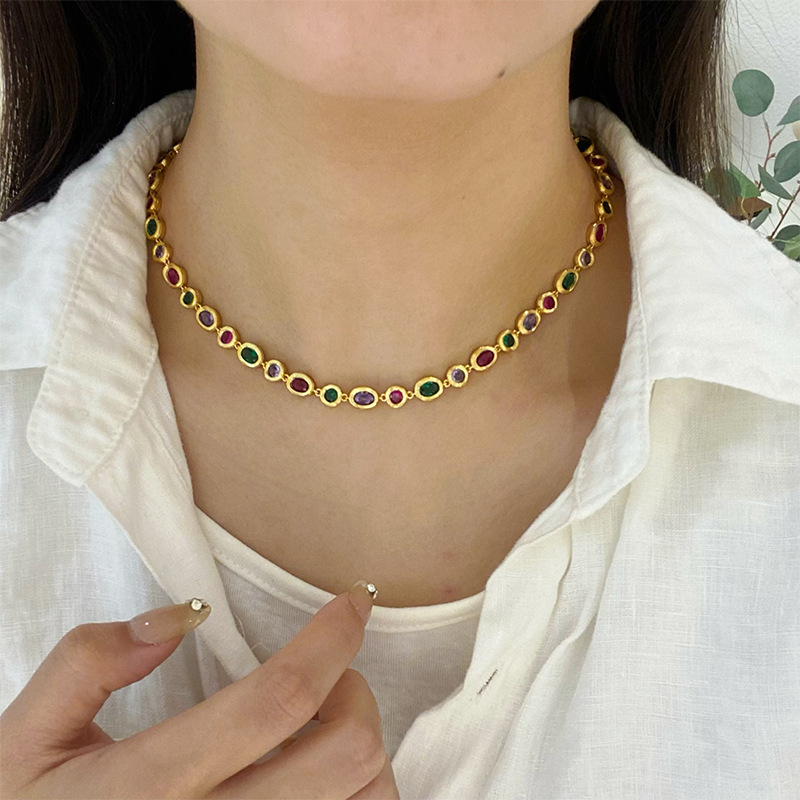 Vintage Fashion Tiktok - ชุดเครื่องประดับสไตล์โบราณประดับพลอยเพทายสีม่วง แดง เขียว ขายดีในติ๊กต็อก ประกอบด้วยสร้อยคอ ต่างหู