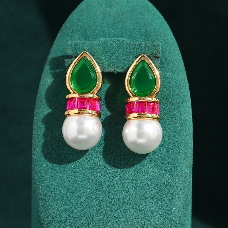 Vintage Fashion Jewelry Brands - วินเทจ กระจกสีเขียว ชมพู เซอร์คอน ต่างหูมุก หรูหราโบราณอาร์ตเดโคสีทองเครื่องประดับสำหรับผู้หญิงยี่ห้อคุณภาพสูงของขวัญใหม่