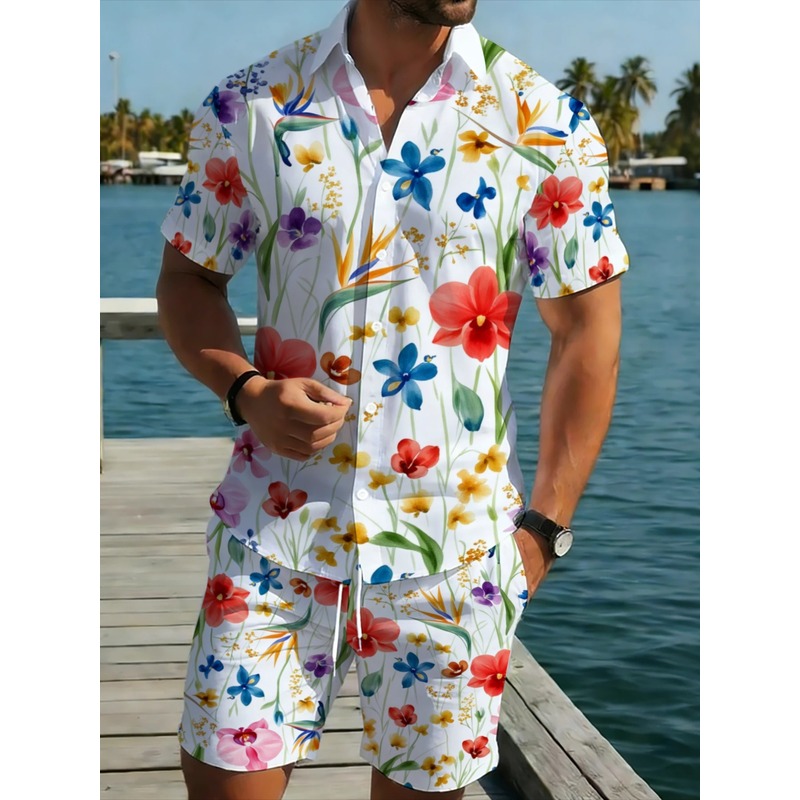 Printed Floral Shirt - ชุดเสื้อเชิ้ตแขนสั้นลายดอกไม้สำหรับผู้ชายพร้อมกางเกงขายาว ผ้าโพลีเอสเตอร์น้ำหนักเบา เหมาะสำหรับใส่ลำลองไปชายหาดและริมทะเล
