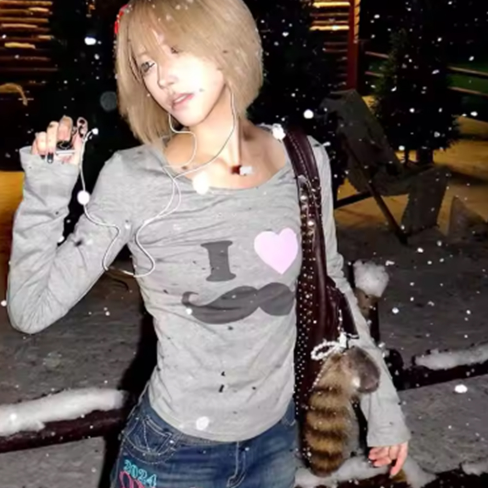 Vintage Fashion Y2K - เสื้อยืดพิมพ์ลายเคราสไตล์ Y2K ญี่ปุ่น วินเทจ ฮาราจูกุ แขนยาว