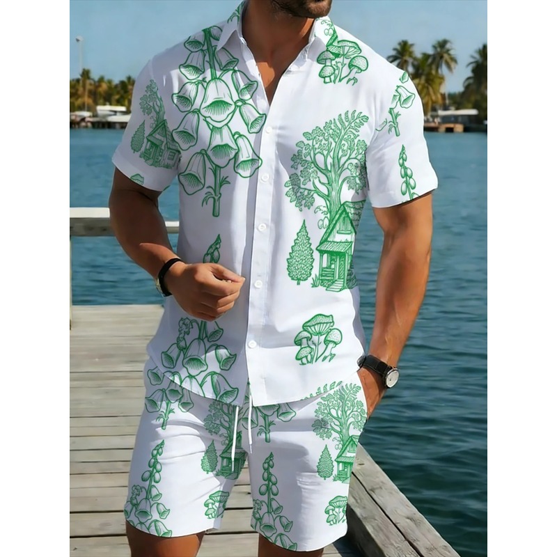 Printed Floral Shirt - ชุดชายหาดสำหรับผู้ชาย ผ้าโพลีเอสเตอร์น้ำหนักเบา สีขาว-เขียว ลายดอกไม้ เสื้อแขนสั้นและกางเกงขาสั้น สำหรับฤดูร้อน