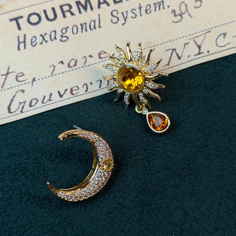 Vintage Fashion Jewelry Brands - วินเทจคริสตัลสีเหลืองต่างหูพระอาทิตย์พระจันทร์ชุบทองอินเทรนด์อาร์ตเดโคเครื่องประดับสำหรับผู้หญิงแบรนด์โบราณหรูหราของขวัญคุณภาพสูง