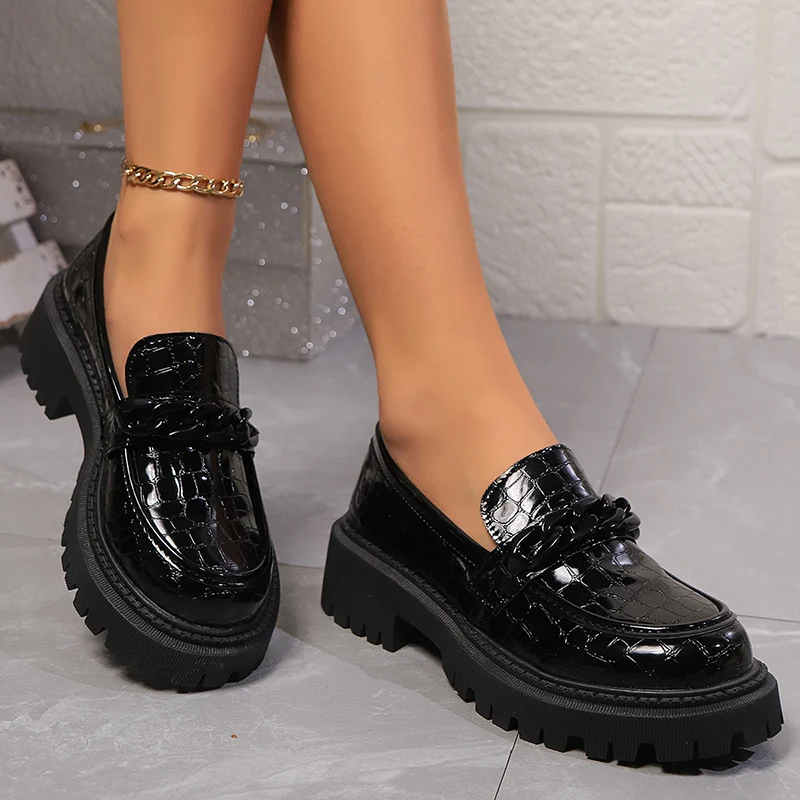 Vintage Fashion Plus Size - แพลตฟอร์ม Chunky Square Heel Loafers ผู้หญิง