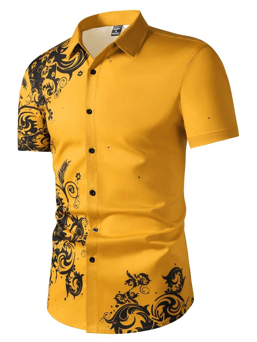Printed Floral Shirt - แมนฟินิตี้ ฮอมเสื้อเชิ้ตแขนสั้นพิมพ์ลายย้อนยุคสำหรับผู้ชาย (พิมพ์ลายดอกไม้แบบนามธรรม) แบบเป็นทางการ