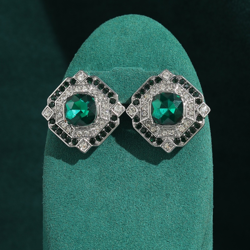 Vintage Fashion Jewelry Brands - ต่างหูคริสตัลมรกตทรงสี่เหลี่ยมสไตล์วินเทจ สำหรับงานแต่งงาน ประดับเพชรเทียม สำหรับผู้หญิง งานปาร์ตี้ เครื่องประดับหรูหรา
