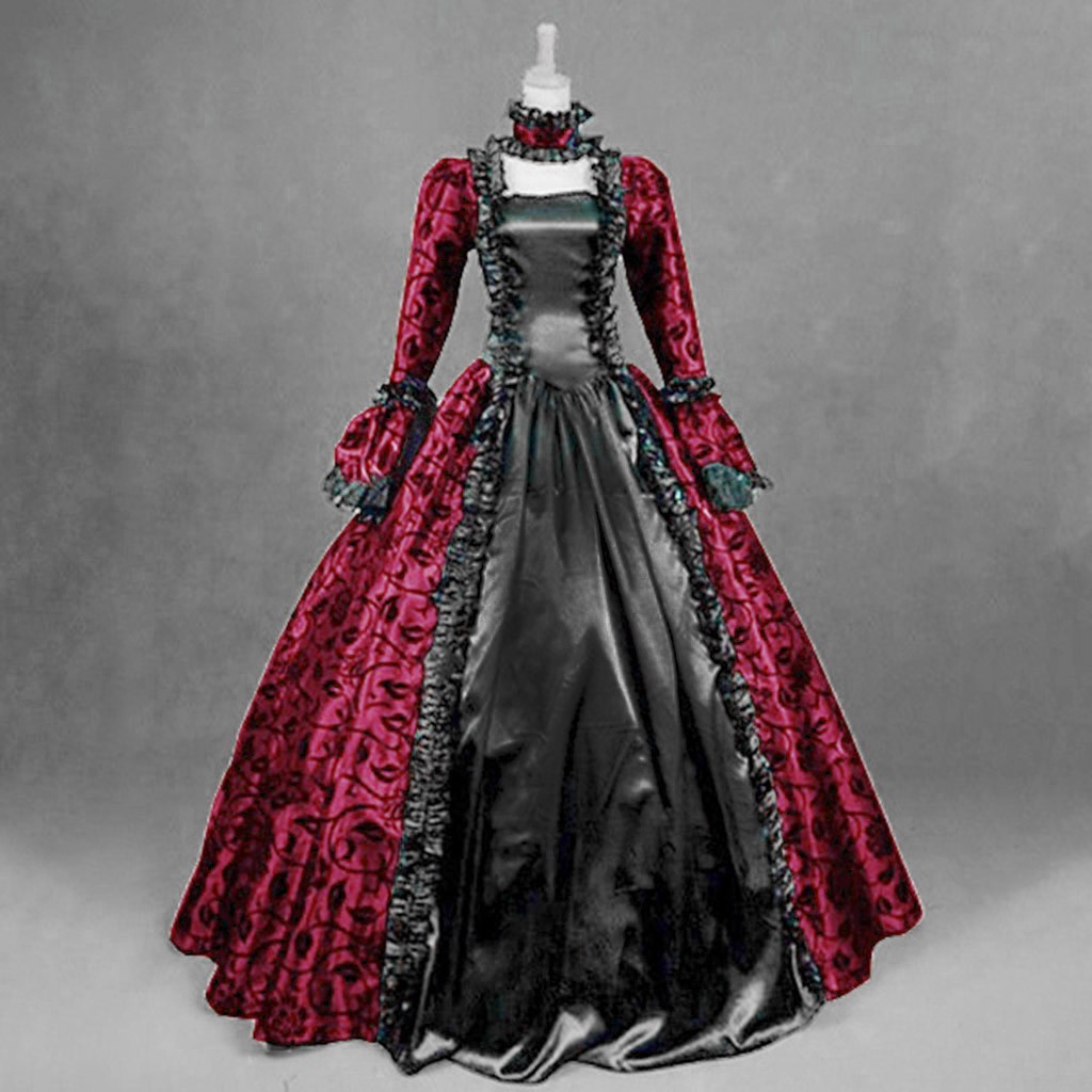 Vintage Fashion Dresses - ชุดเดรสวินเทจผู้หญิง ดีไซน์ประณีต สไตล์โกธิคย้อนยุค ลายดอกไม้ พิมพ์ลาย ชุดราตรีทรงบอลกาวน์