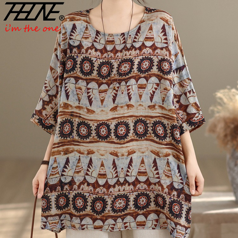 Vintage Fashion Plus Size - เสื้อผู้หญิงไซส์ใหญ่ THHONE แฟชั่นฤดูร้อน ผ้าฝ้ายลินิน สไตล์ลำลอง พิมพ์ลายต่อผ้า