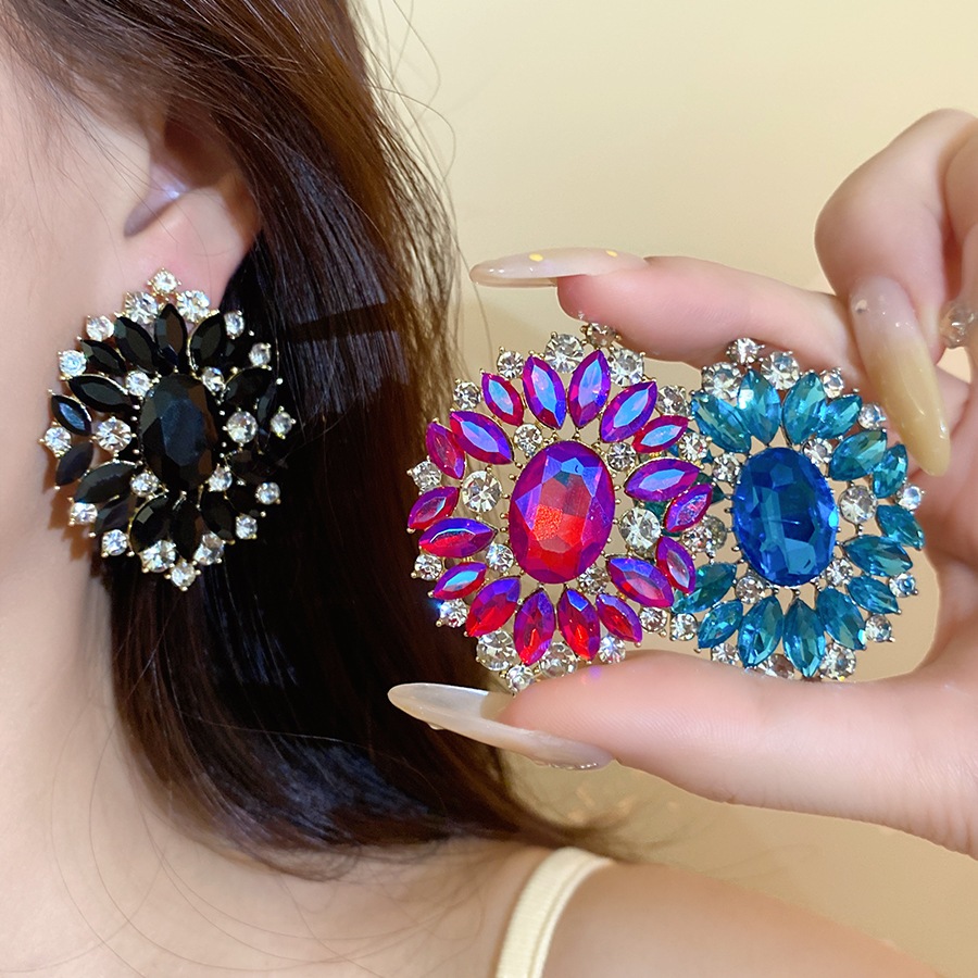 Vintage Fashion Center - ต่างหูคริสตัลรูปวงรีประดับดอกไม้ ต่างหูเพชรทรงมาร์คีส์ เครื่องประดับหูหลากสี หรูหรา เหมาะสำหรับงานปาร์ตี้ งานทางการ