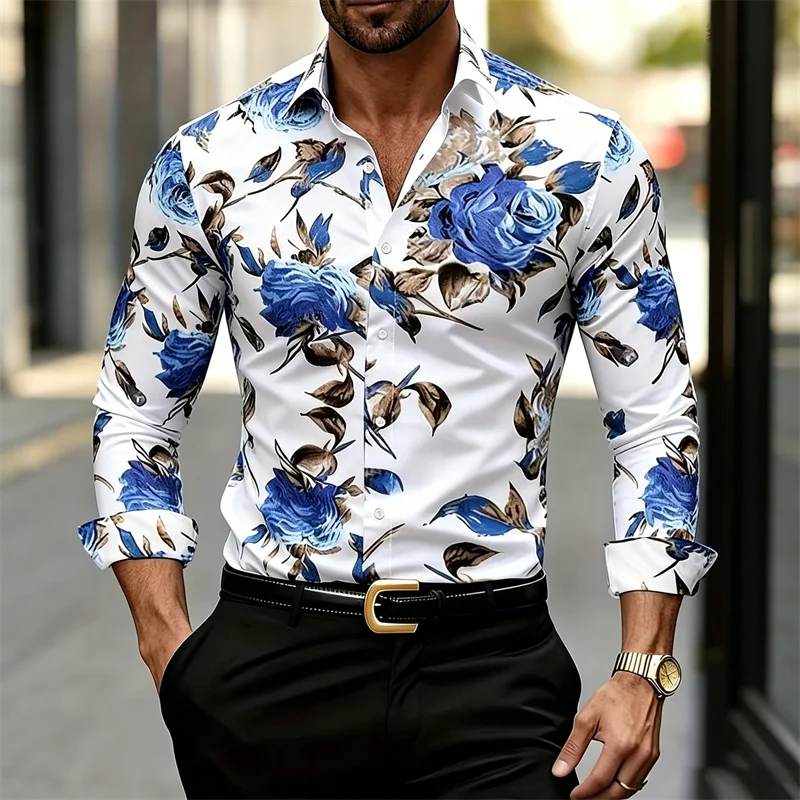 Printed Floral Shirt - เสื้อเชิ้ตคอปกแขนยาวผู้ชายพิมพ์ลายดอกไม้ เสื้อผู้ชายสไตล์ลำลอง