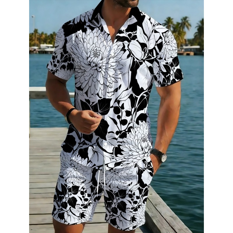Printed Floral Shirt - ชุดเสื้อเชิ้ตแขนสั้นลายดอกไม้สำหรับผู้ชาย ผ้าโพลีเอสเตอร์ สีดำขาว น้ำหนักเบา สวมใส่สบาย เหมาะสำหรับวันพักผ่อนริมชายหาด