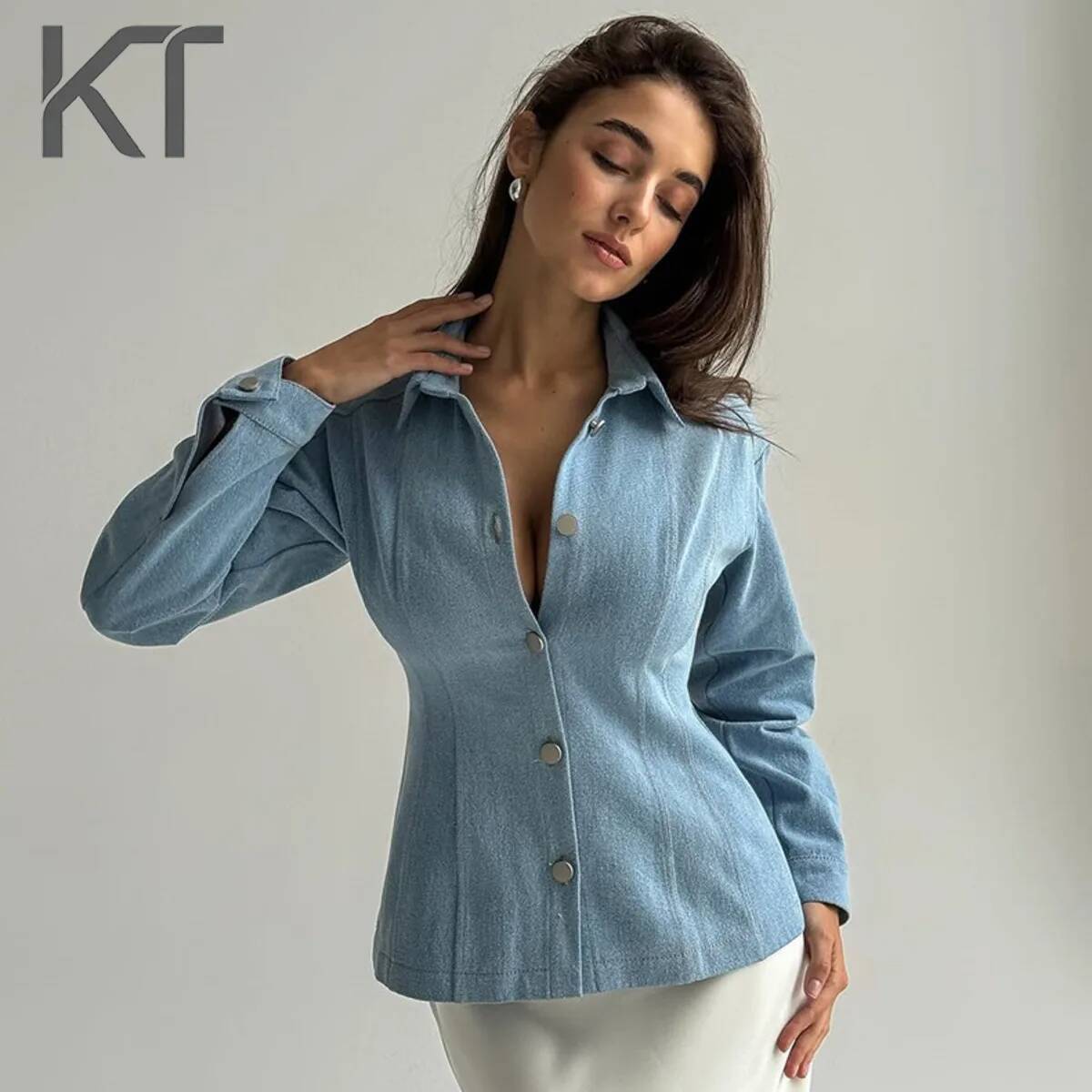 Usa Vintage Fashion - เสื้อเชิ้ตเดนิมทรงเข้ารูป KT Vintage สำหรับผู้หญิง แขนยาว ติดกระดุม
