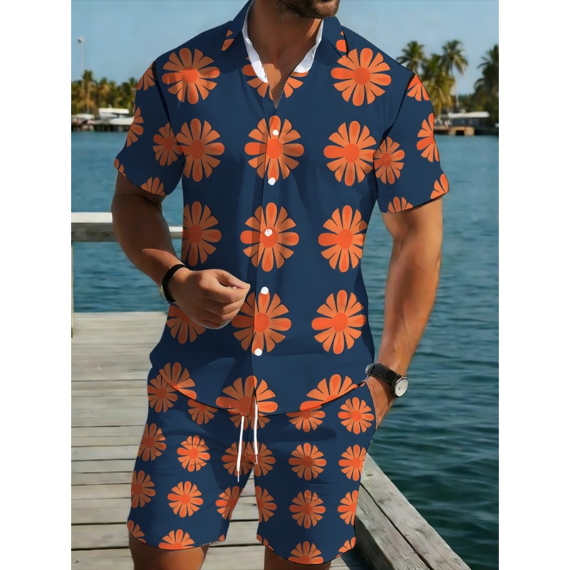 Printed Floral Shirt - ชุดเสื้อเชิ้ตแขนสั้นและกางเกงขาสั้นสำหรับผู้ชาย สีน้ำเงินกรมท่า ลายดอกสีส้ม ผลิตจากโพลีเอสเตอร์น้ำหนักเบา เหมาะสำหรับกิจกรรมกลางแจ้งแบบสบายๆ