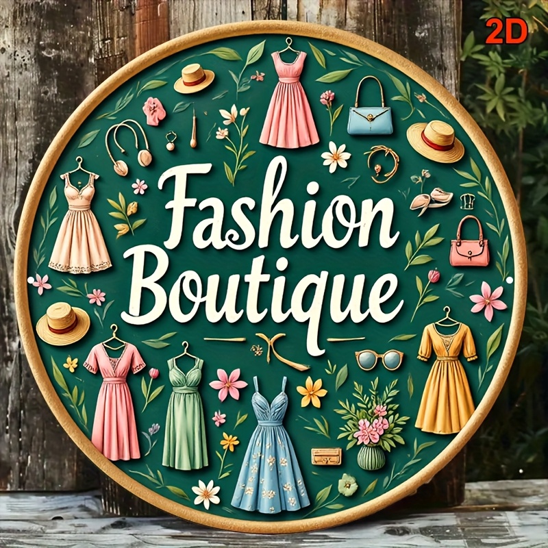 Vintage Fashion Store - ป้ายโลหะติดผนังสไตล์วินเทจ ขนาด 20x20 ซม. ลายดอกไม้ รูปหุ่นโชว์เสื้อผ้า