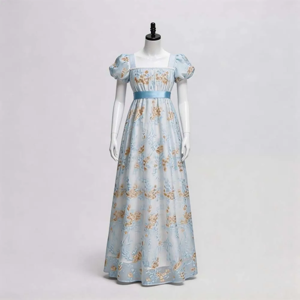 Vintage Fashion Dresses - ชุดเดรสวินเทจสไตล์ยุโรปแบบเรเจนซี่ คอเหลี่ยม แขนพองสั้น ลายดอกไม้ปั๊มนูน ชุดคอสเพลย์ยาวสไตล์อิมพีเรียล พร้อมเข็มขัดคาดเอว