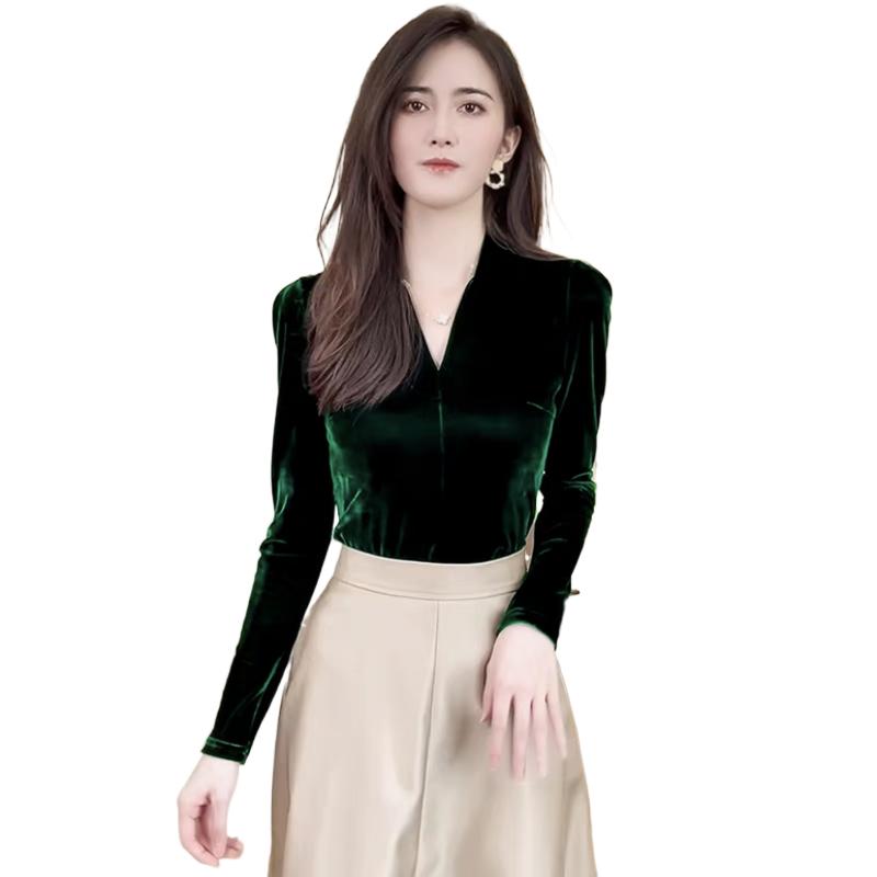 Vintage Fashion Plus Size - เสื้อเชิ้ตกำมะหยี่แขนยาวคอวี แฟชั่นเกาหลี สไตล์สตรีทแวร์ ทรงเข้ารูป สำหรับผู้หญิง ไซส์พลัส