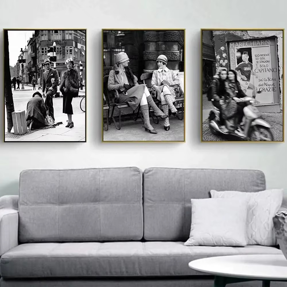 Vintage Fashion In Paris - แฟชั่นสีดำและสีขาววินเทจภาพพิมพ์การถ่ายภาพอิตาลีปารีสสตรีทโปสเตอร์ศิลปะบนกำแพงภาพวาดผ้าใบภาพตกแต่งห้องนั่งเล่น