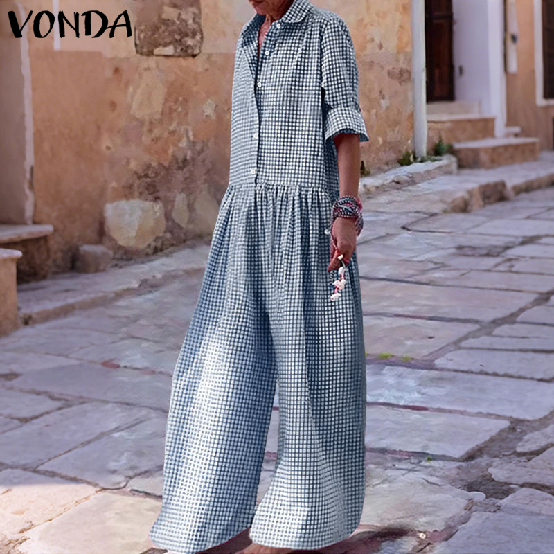 Vintage Fashion Plus Size - จั๊มพ์สูทวินเทจ VONDA ไซส์ใหญ่พิเศษ 5XL สำหรับผู้หญิง ลายสก็อตสุดหรู
