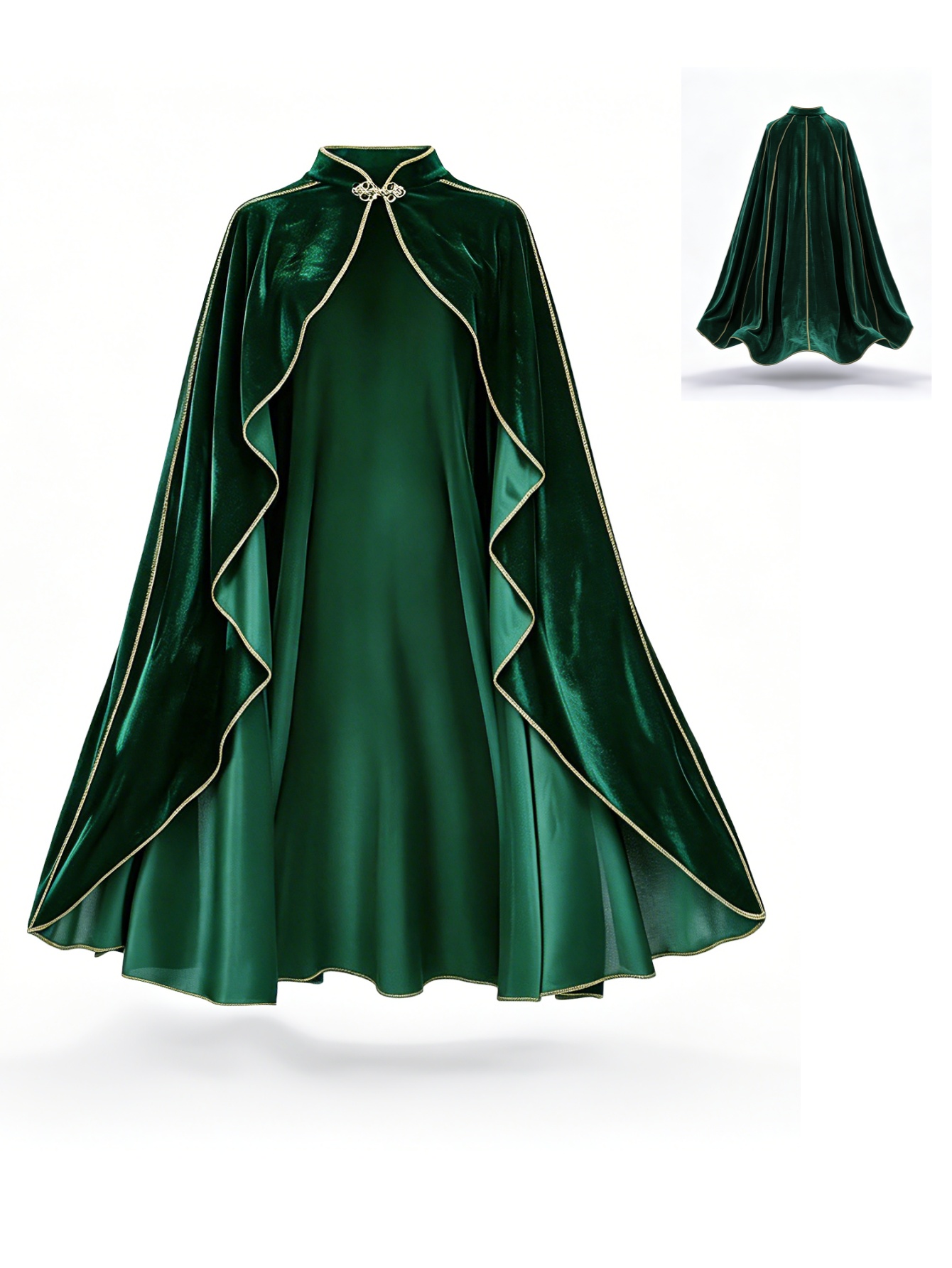 Vintage Fashion Dresses - เสื้อคลุมกำมะหยี่สีเขียวสไตล์วินเทจสำหรับผู้หญิง พร้อมขอบสีทอง คอตั้ง ชุดคอสเพลย์ เสื้อคลุมยาวสำหรับงานปาร์ตี้ฮาโลวีน แต่งกายสไตล์ยุคกลางเรอเนซองส์