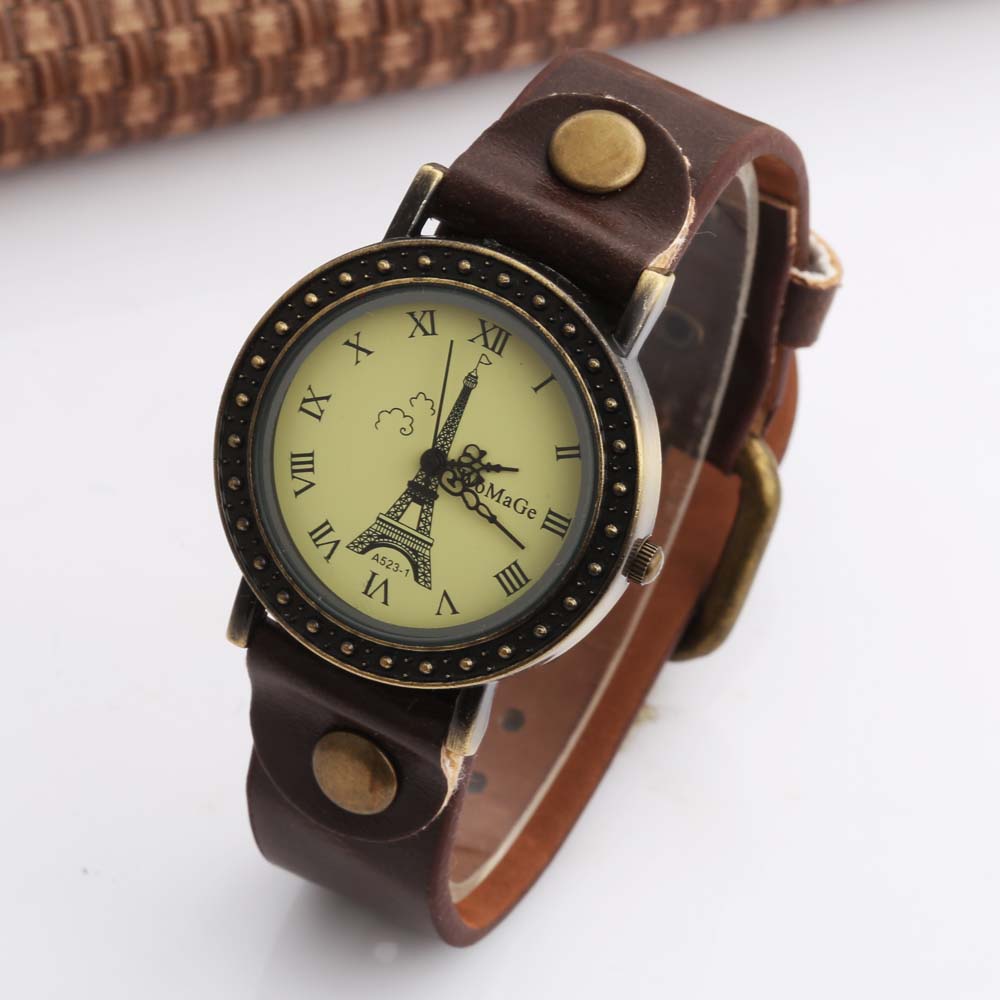 Vintage Fashion In Paris - สตรีนาฬิกาแฟชั่นผู้หญิงสายรัดนาฬิกาหนังควอตซ์นาฬิกา Paris Eiffel Tower นาฬิกา Montre