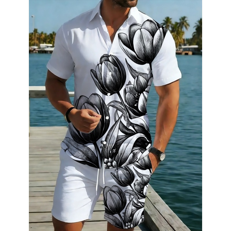 Printed Floral Shirt - ชุดเสื้อเชิ้ตและกางเกงขาสั้นลายดอกไม้สีขาวสำหรับผู้ชาย ชุดชายหาดน้ำหนักเบาพร้อมกางเกงเข้าชุด เหมาะสำหรับวันหยุดพักผ่อน รีสอร์ท ปาร์ตี้ริมสระน้ำ ฤดูร้อน