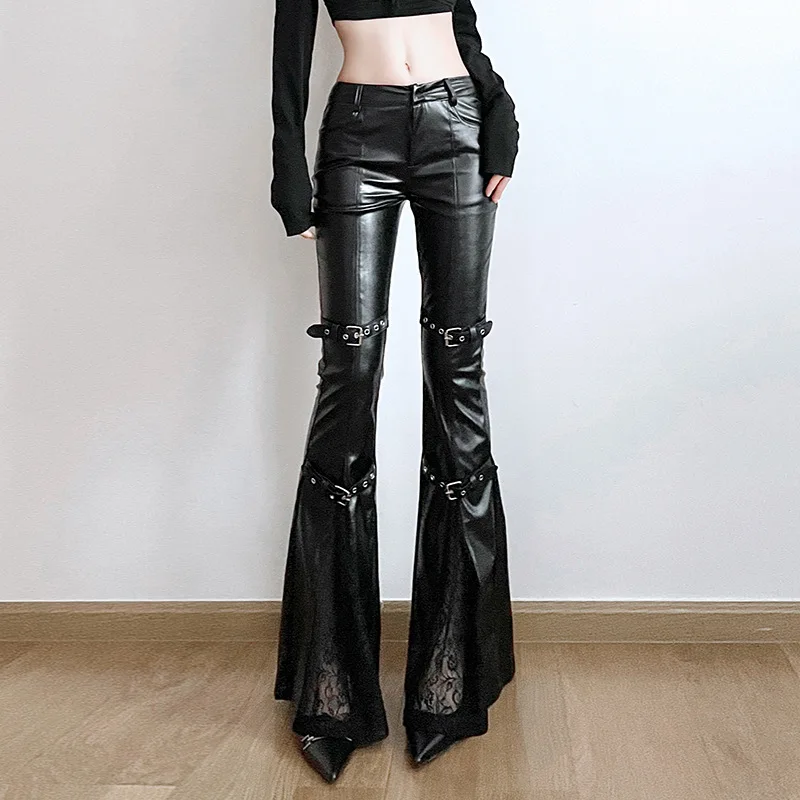 Vintage Fashion Y2K - กางเกงทรงบานหนัง PU สำหรับผู้หญิง, หัวเข็มขัดแบบกอธิค, ตกแต่งด้วยผ้าลูกไม้, สตรีทแวร์สไตล์