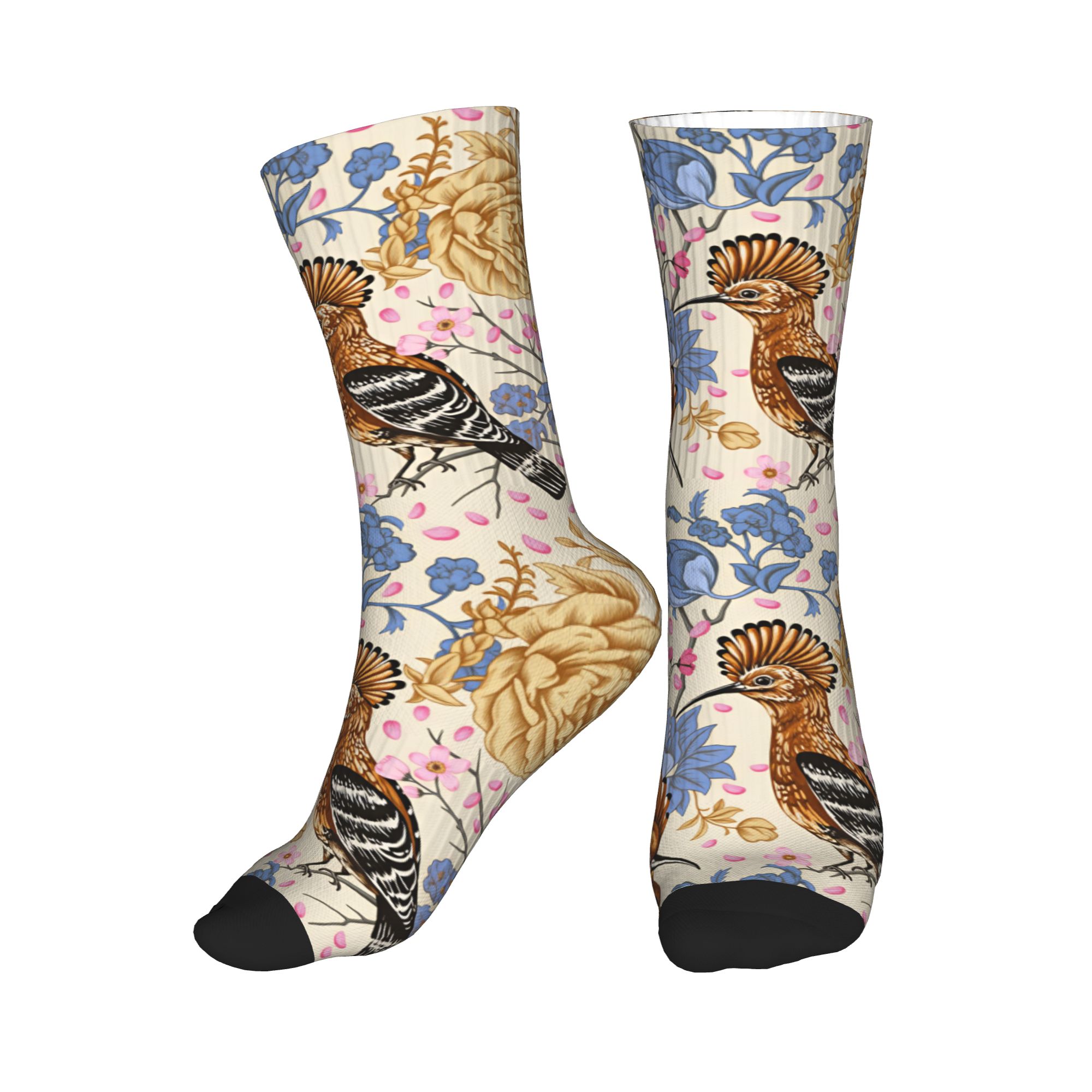 Vintage Fashion Dresses - Hoopoe Bird Blue Peony ถุงเท้าลายดอกไม้วินเทจ ถุงเท้าแฟชั่นสำหรับผู้ชายและผู้หญิง