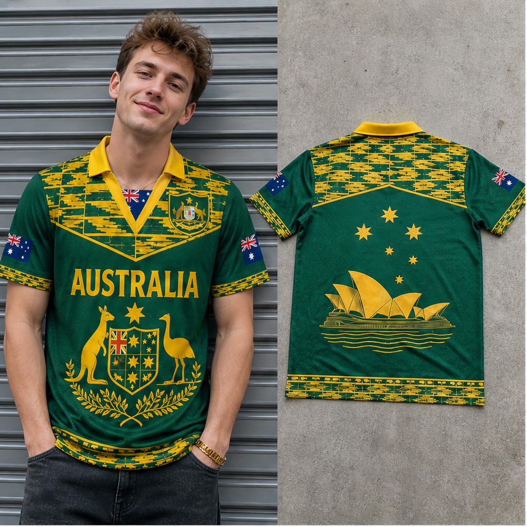 Vintage Fashion Australia - เสื้อยืดคอวี แขนสั้น สไตล์วินเทจ ลายตราสัญลักษณ์จิงโจ้และนกอีมู สำหรับผู้ชาย สไตล์ลำลอง