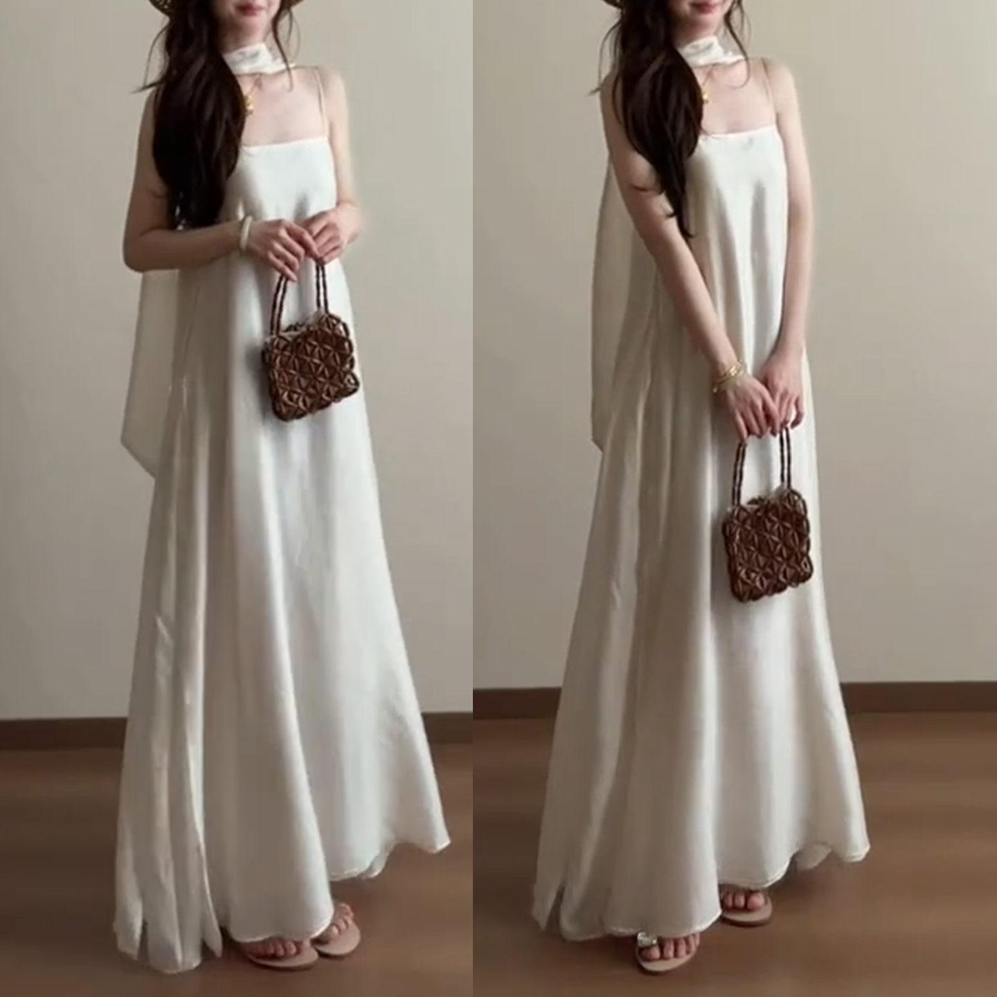 ชุดเดรสยาวสายเดี่ยวสีขาวสไตล์ว - Vintage Fashion Tiktok บทวิจารณ์และราคา