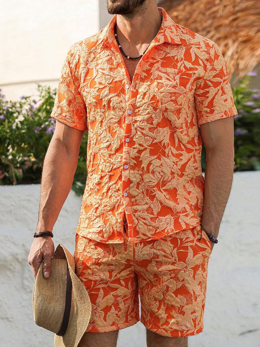 ชุดเซ็ต 2 ชิ้นสำหรับผู้ชายสีส้ - Printed Floral Shirt บทวิจารณ์และราคา